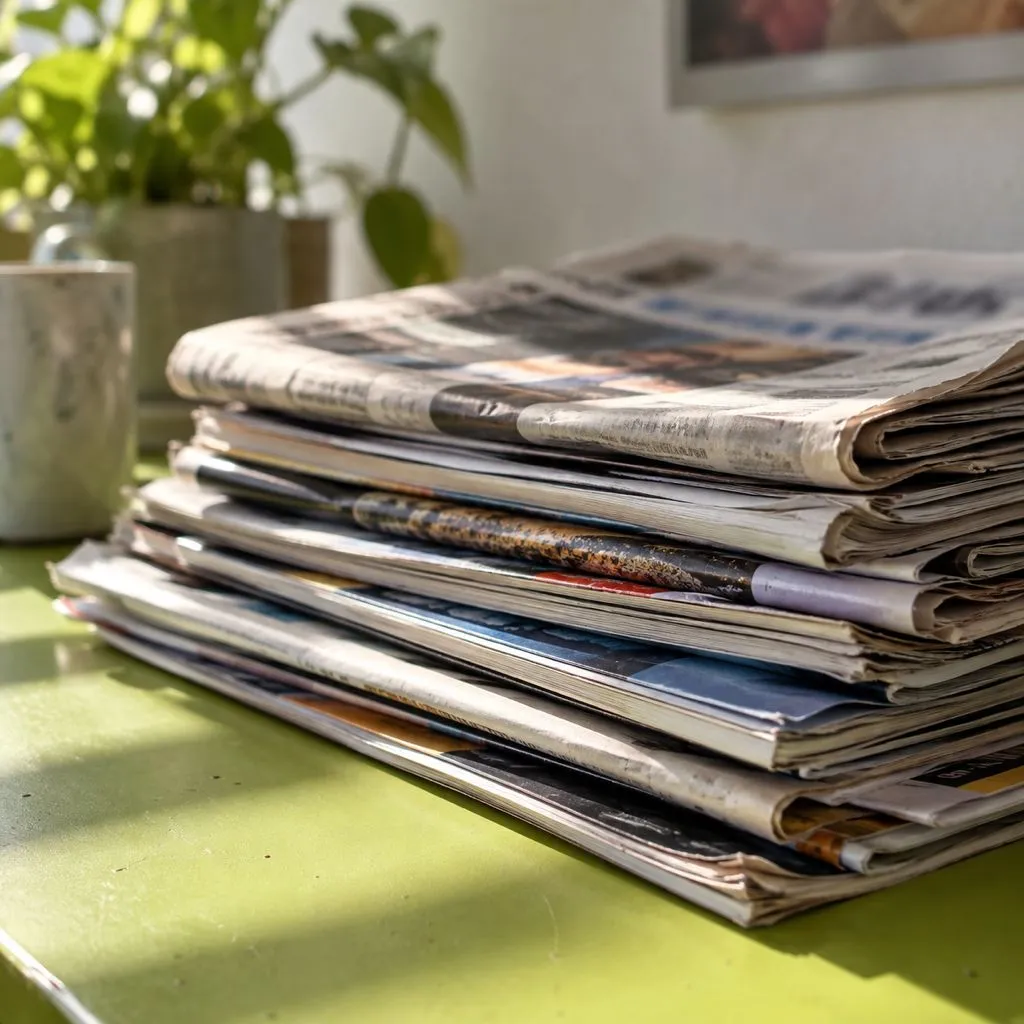 Stack of folded business newspapers and magazines on a desk