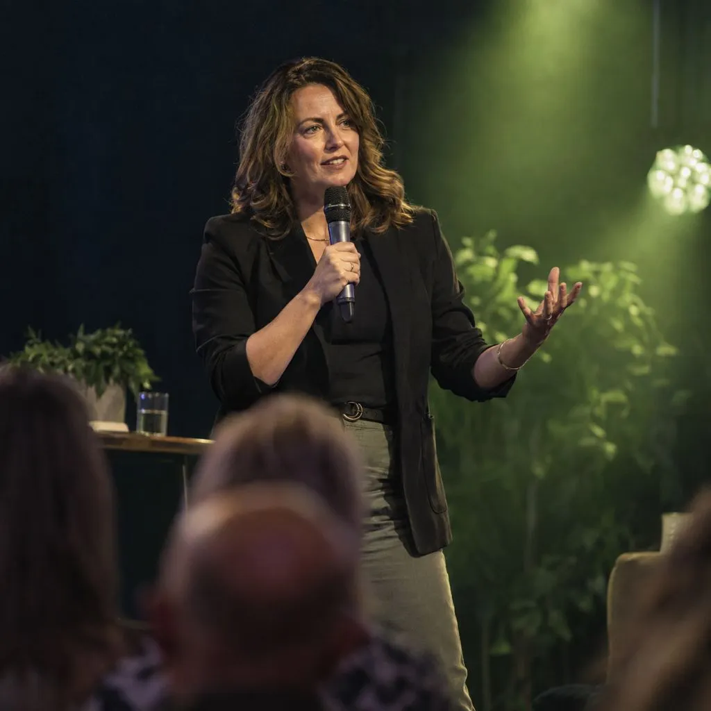 Speaker at a conference stage under soft stage light