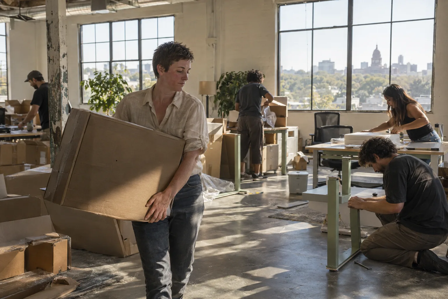 East Austin startup team unpacking boxes and building desks for new hires, the Capitol in the window