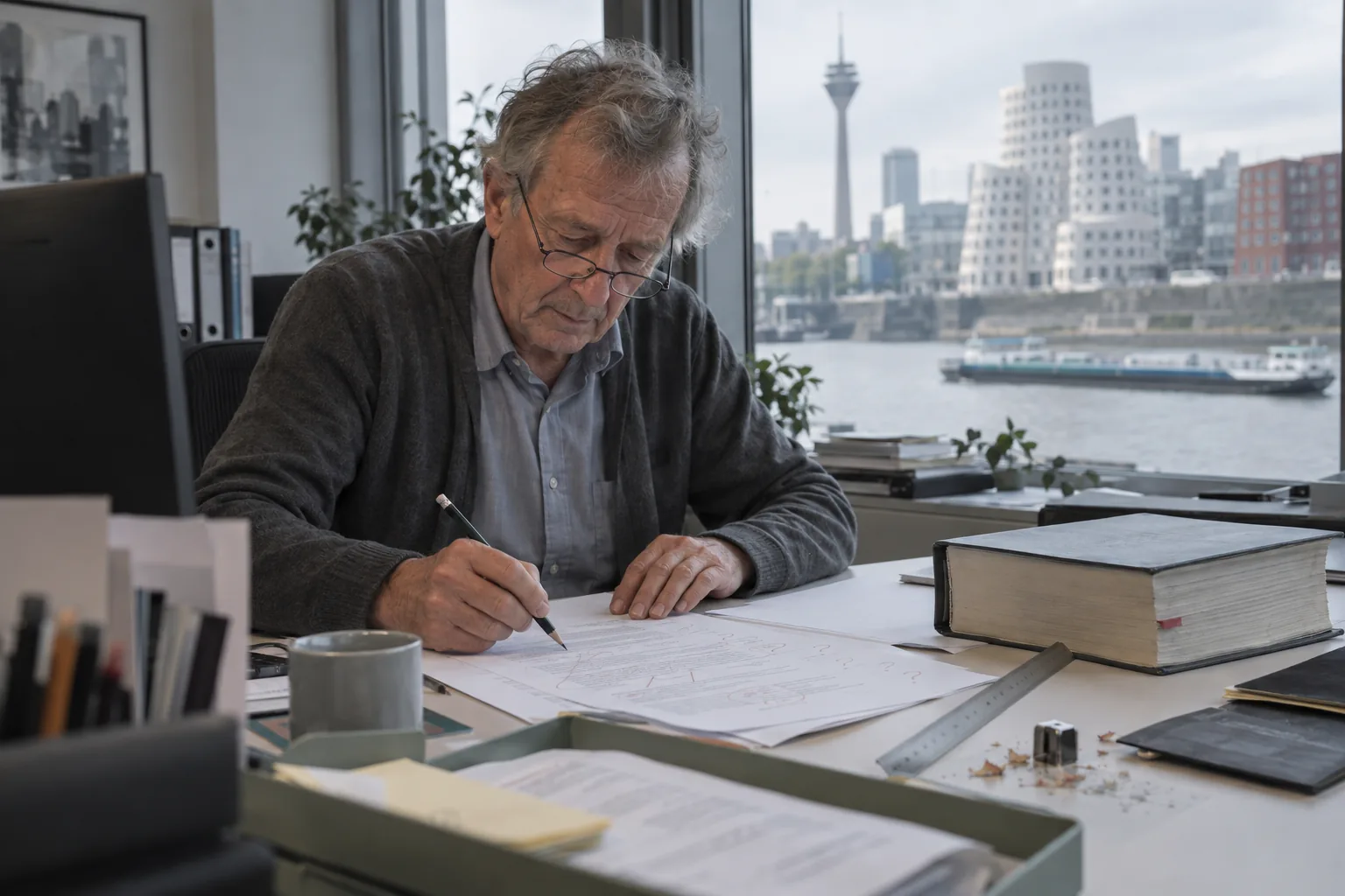 German editor marking a printed draft with a pencil in a Dusseldorf office above the Rhine