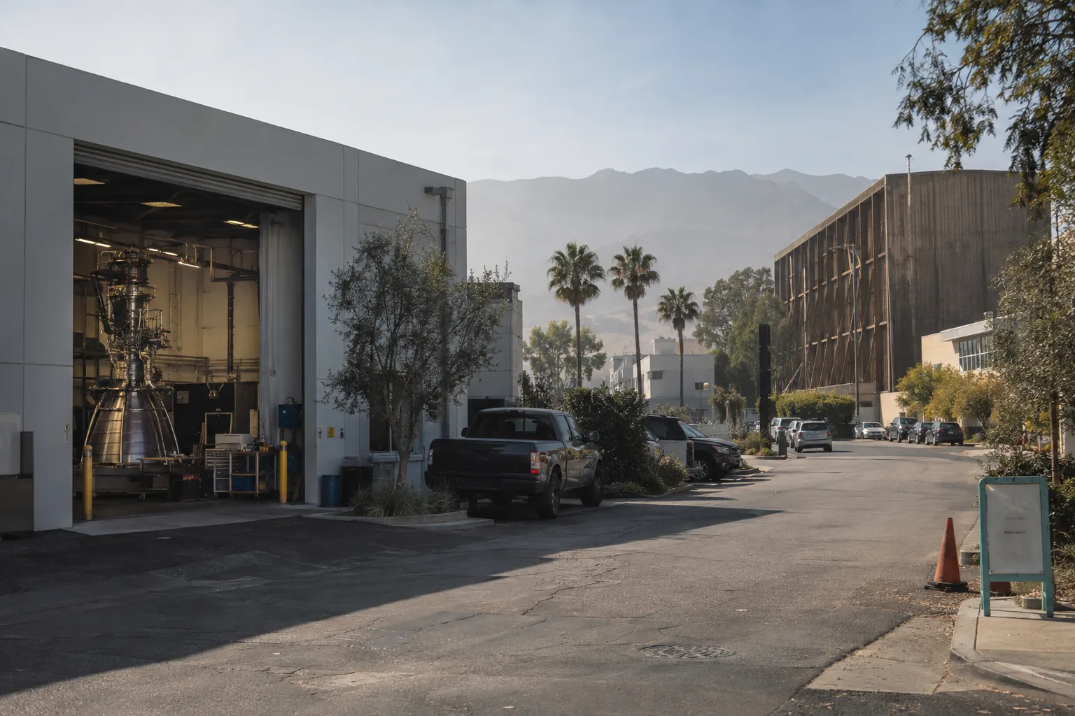 Los Angeles side street where an aerospace workshop sits next to film lot buildings and palms
