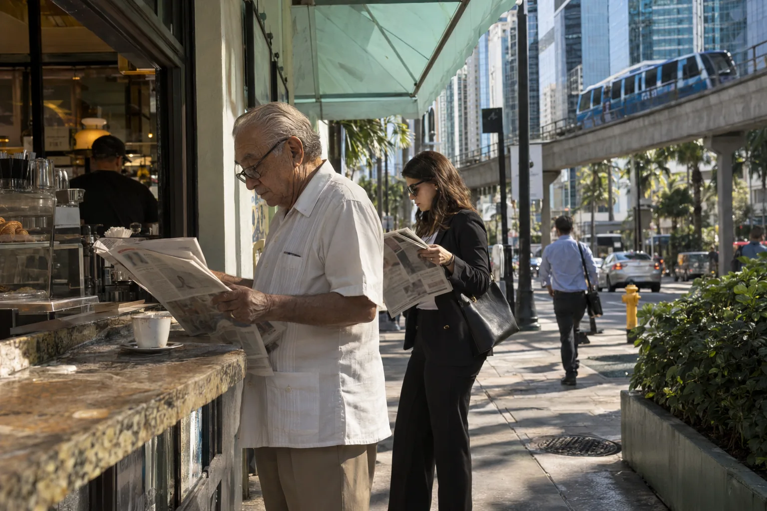 Man reading a newspaper at a Brickell coffee window with the Metromover passing overhead