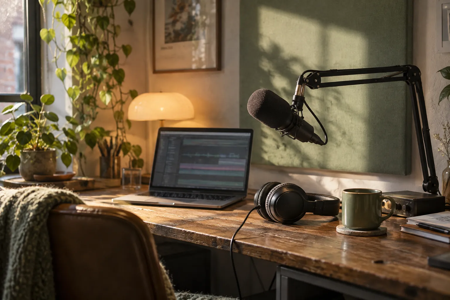 Home recording desk with a broadcast microphone and headphones