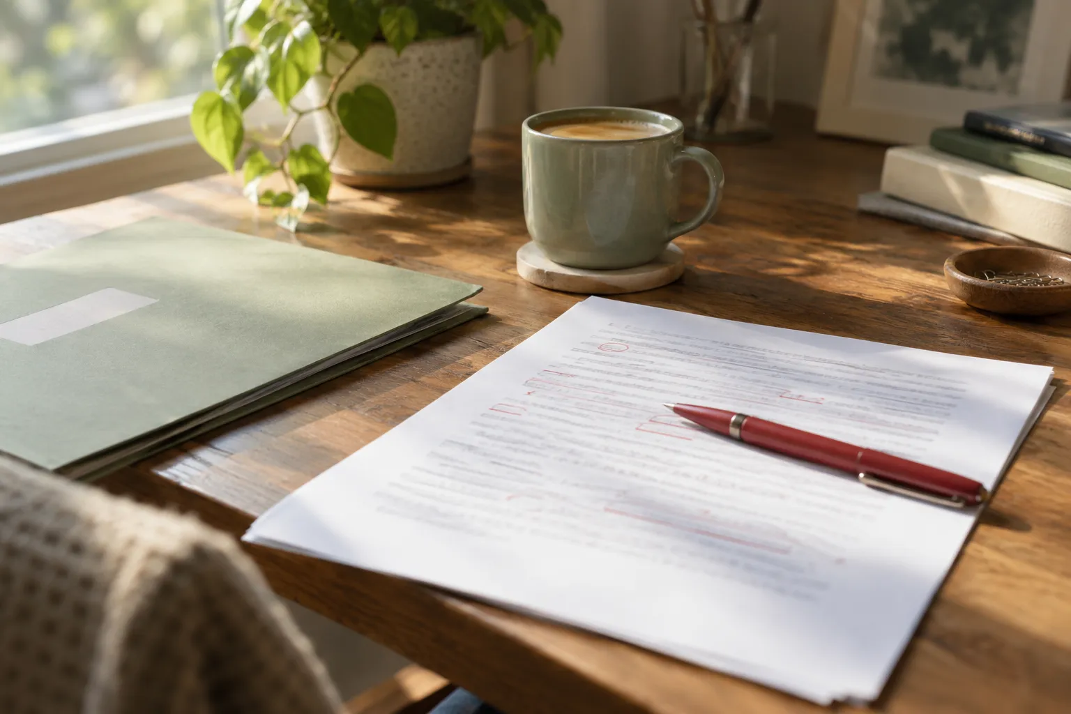 Printed one-page release on a wooden desk with a red pen