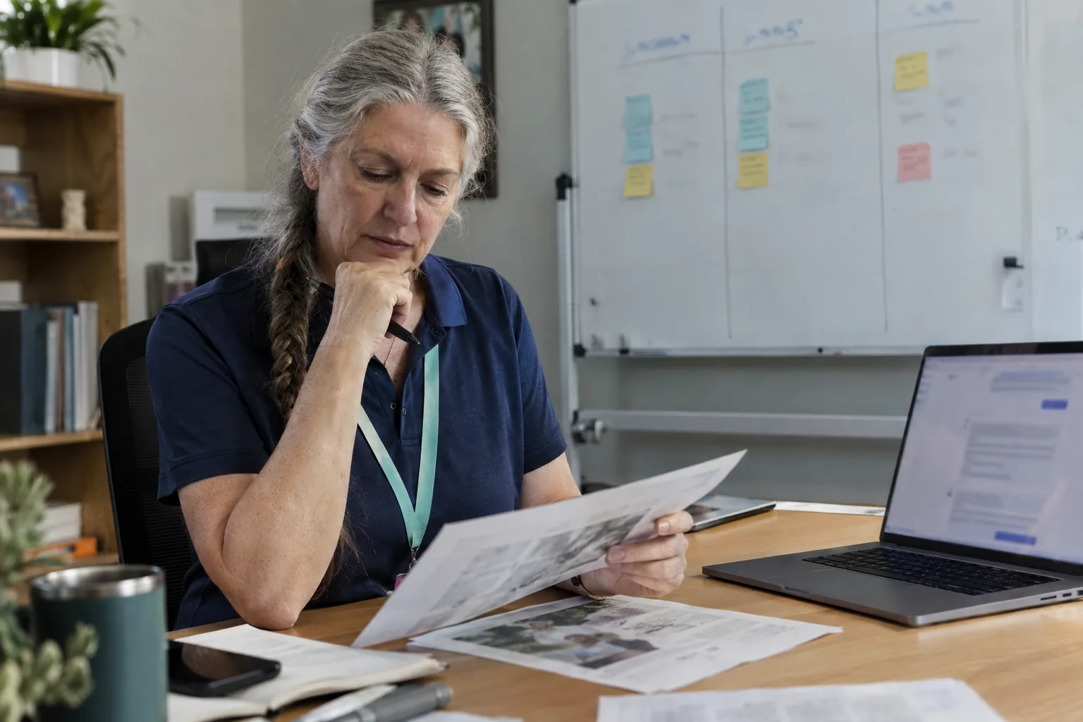 Operations manager reading a printed software review at her desk before choosing a tool
