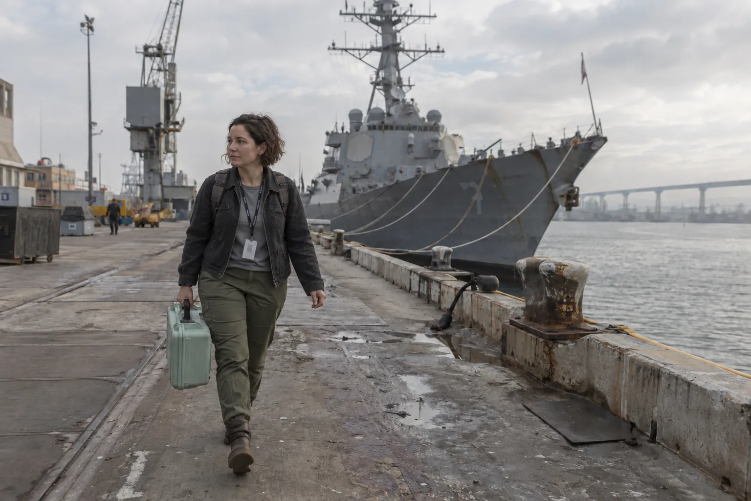 Woman with a work badge walking along a San Diego navy pier past a moored warship
