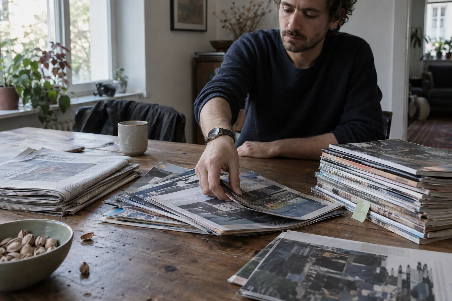 Founder sorting American papers and magazines into national, trade and local piles
