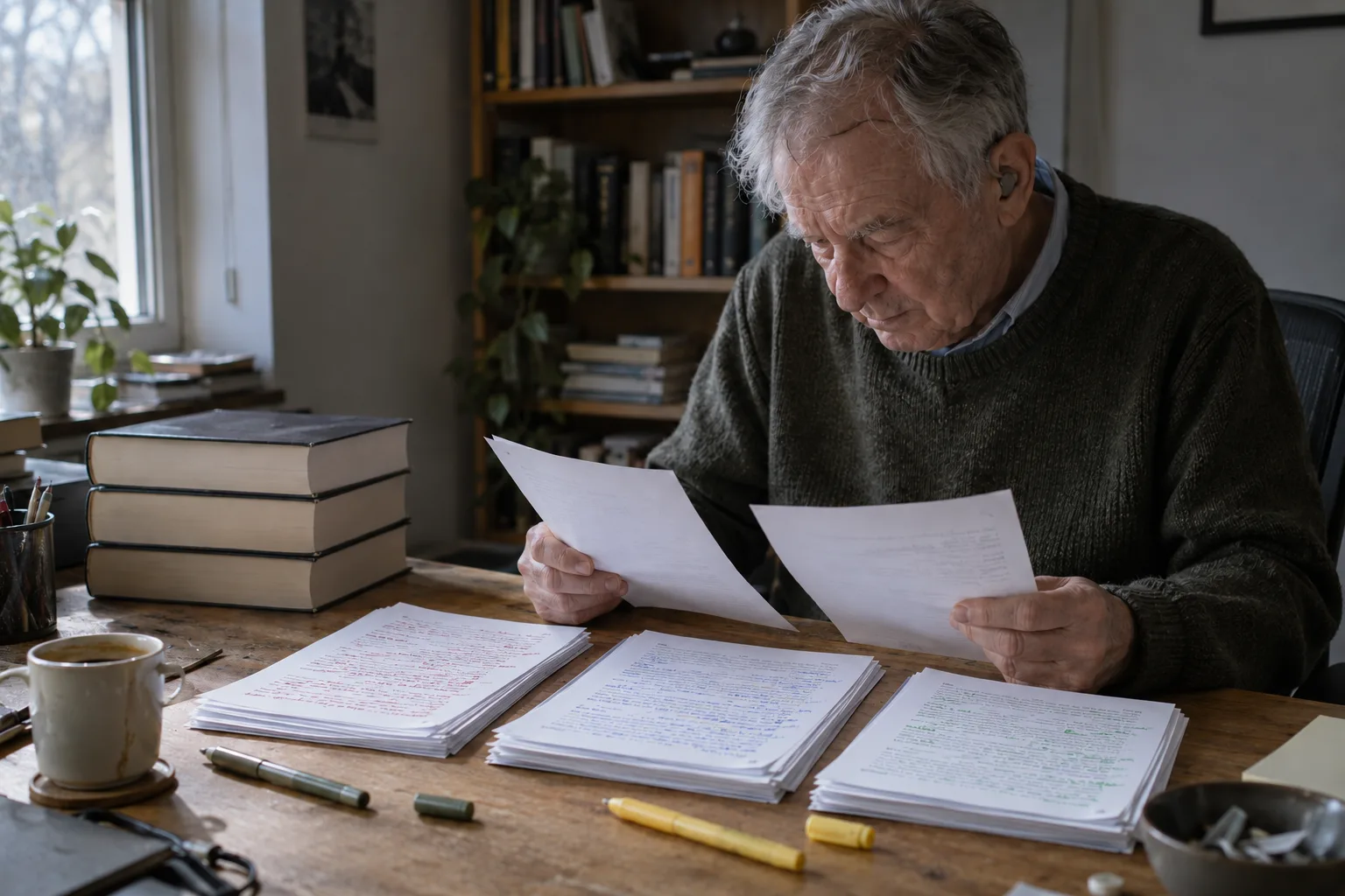 Older editor comparing one release in three languages, each stack marked up by hand