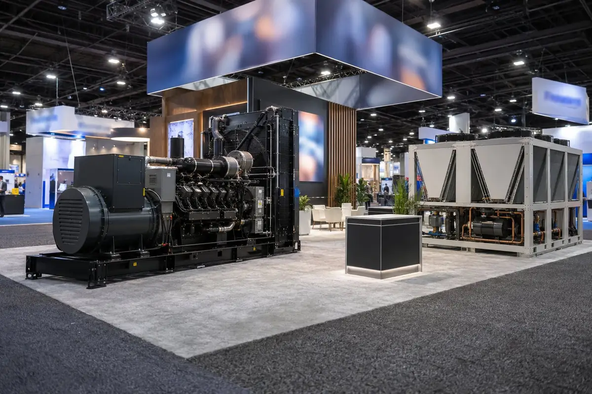Empty trade show booth with a generator set before a Dallas energy expo