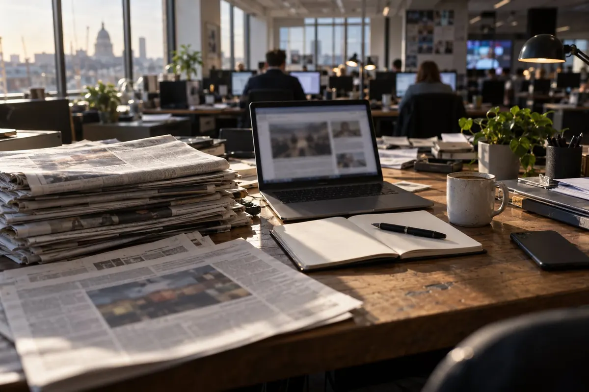 Newsroom desk scene for the journalism years