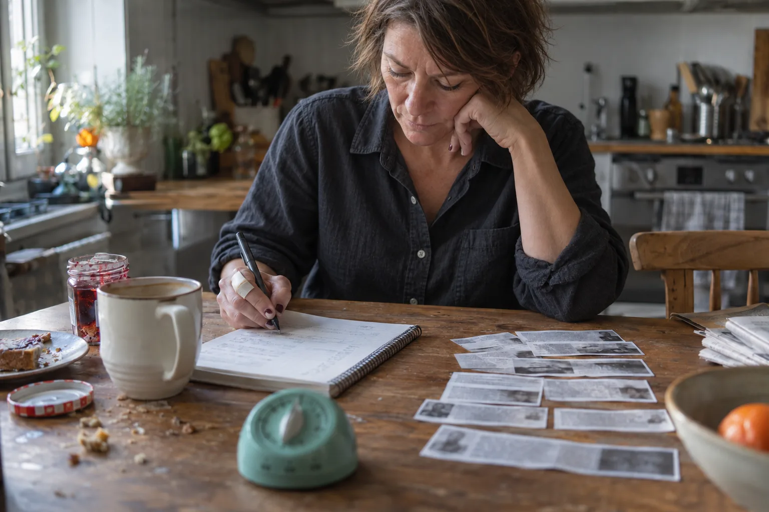 Founder at the kitchen table on a Sunday writing ten reporter names from fanned bylines