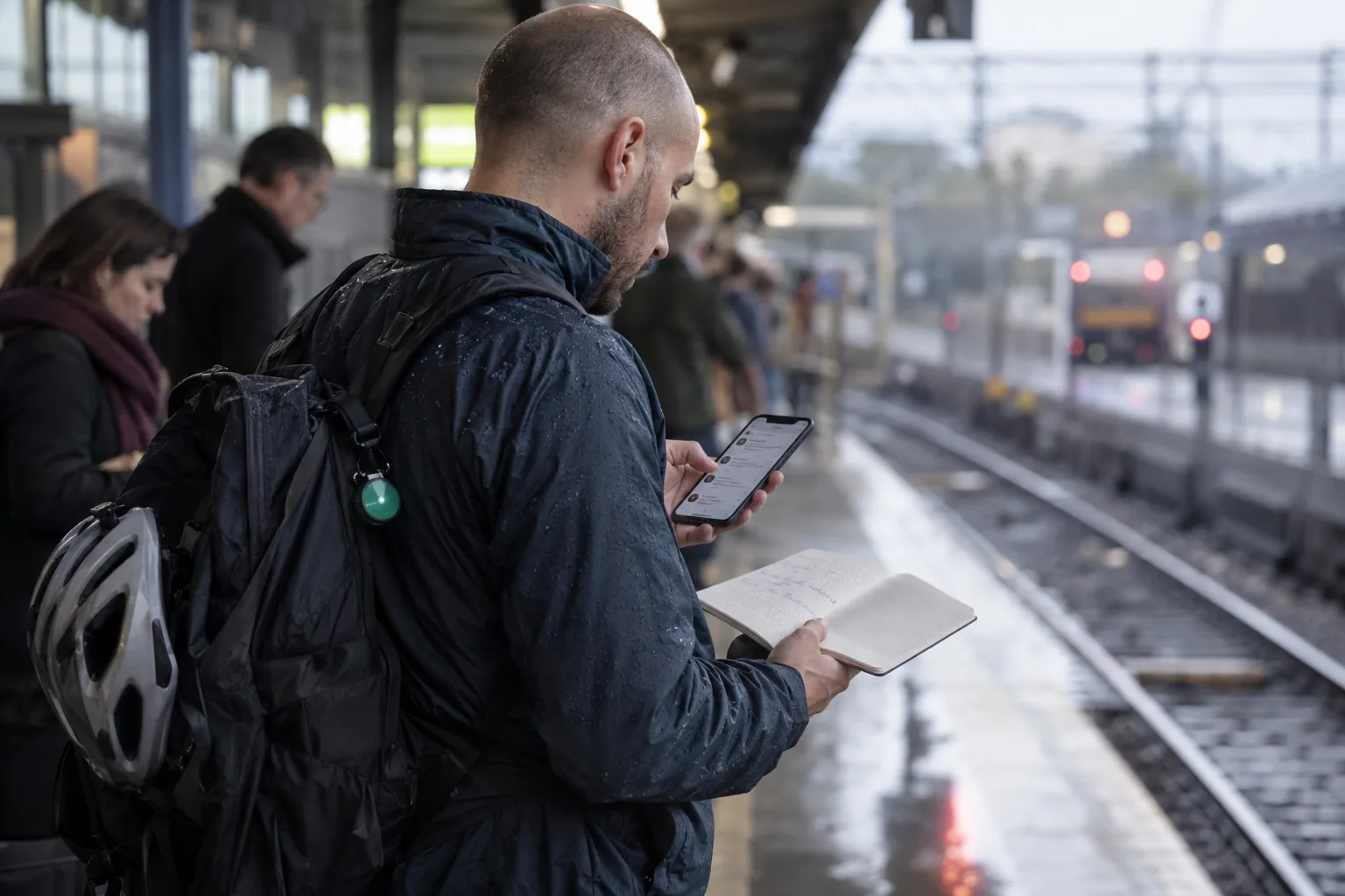 Founder on a train platform searching reporter request posts on his phone, notebook in hand