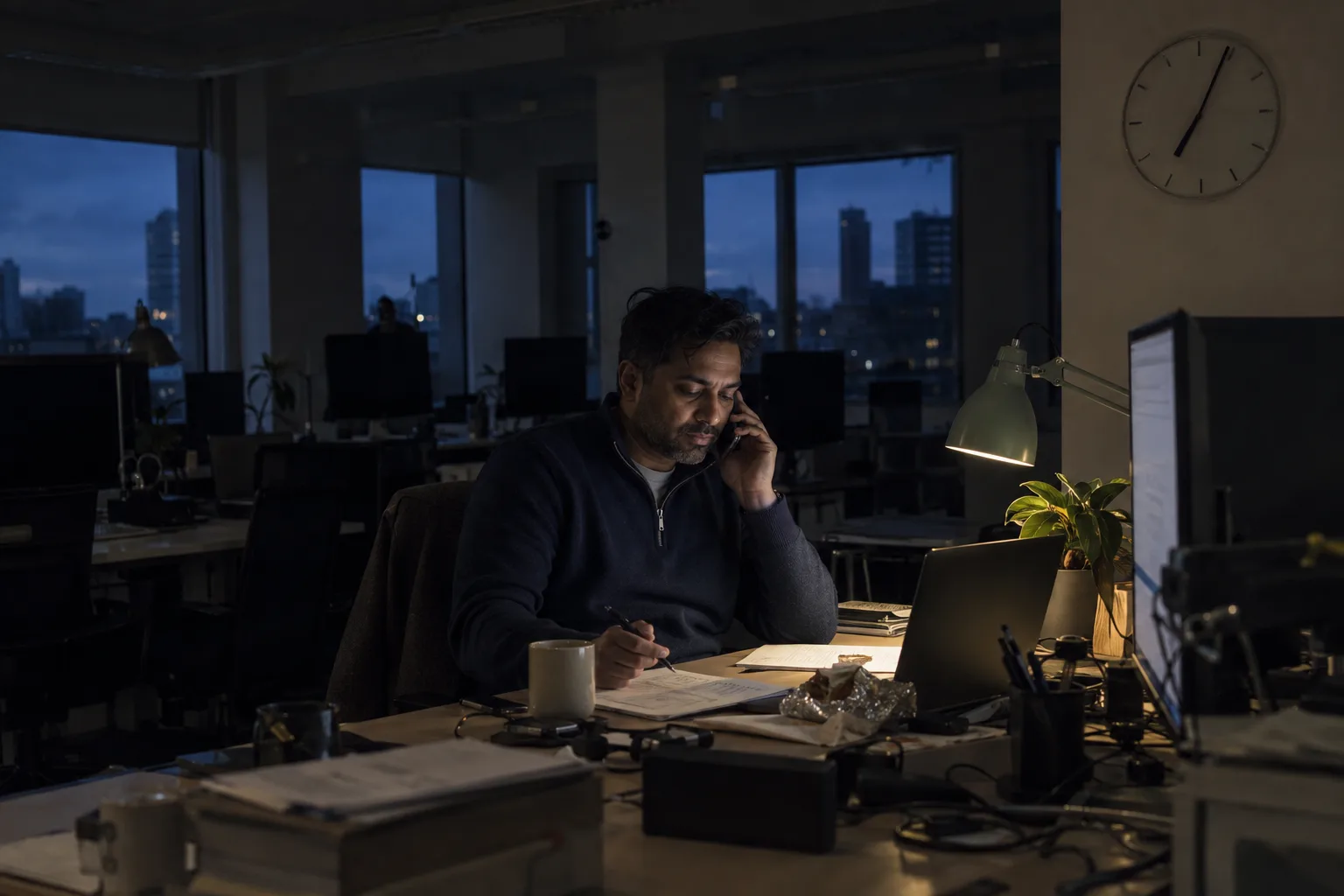PR expert taking a reporter call in an empty office after hours, notes ready on the desk