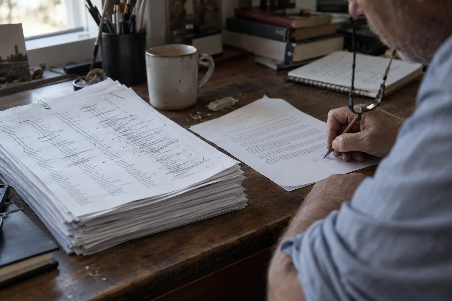 Editor signing off one pitch by hand next to a tall stack of machine drafts