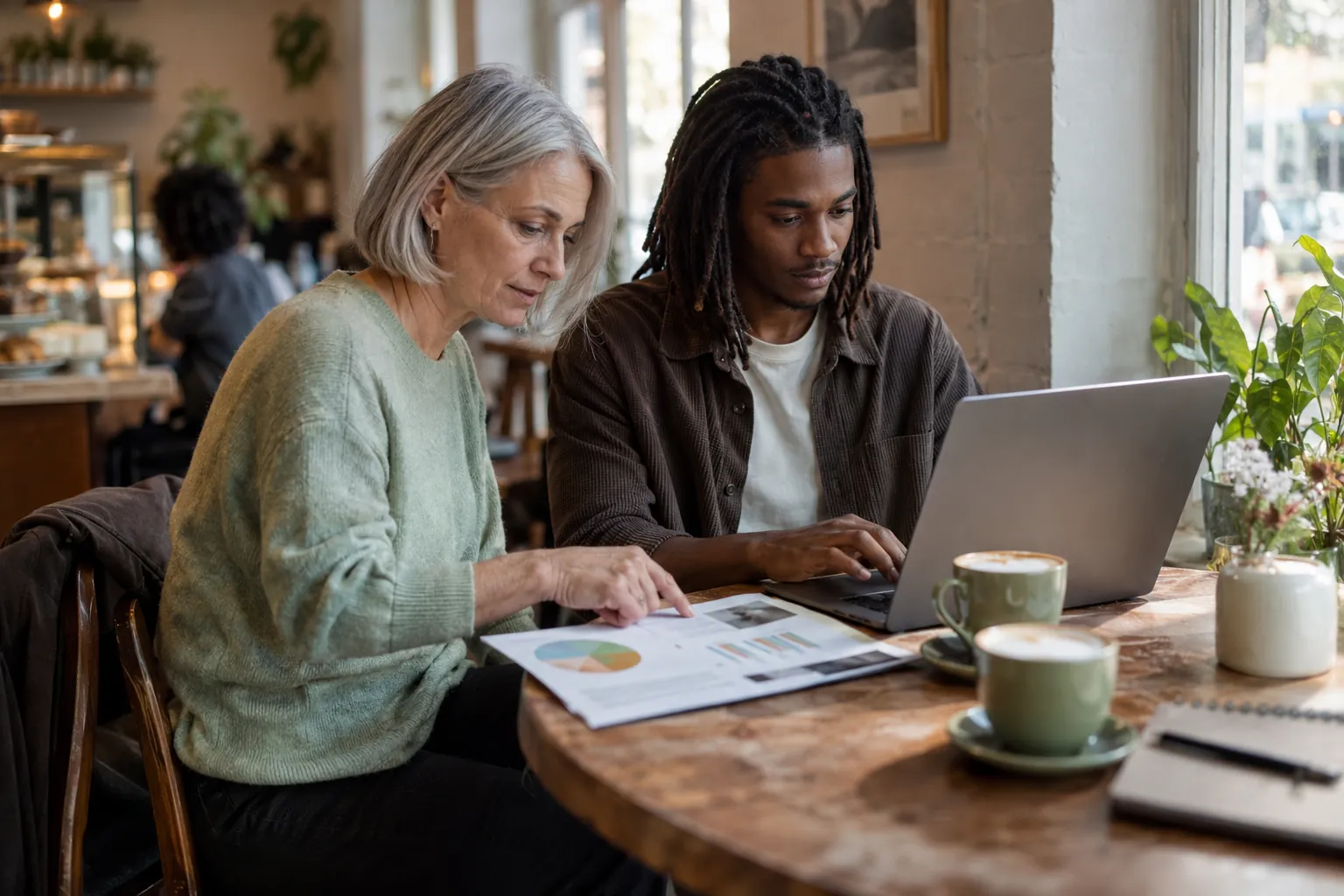A founder and a colleague checking a printed sample report at a cafe table