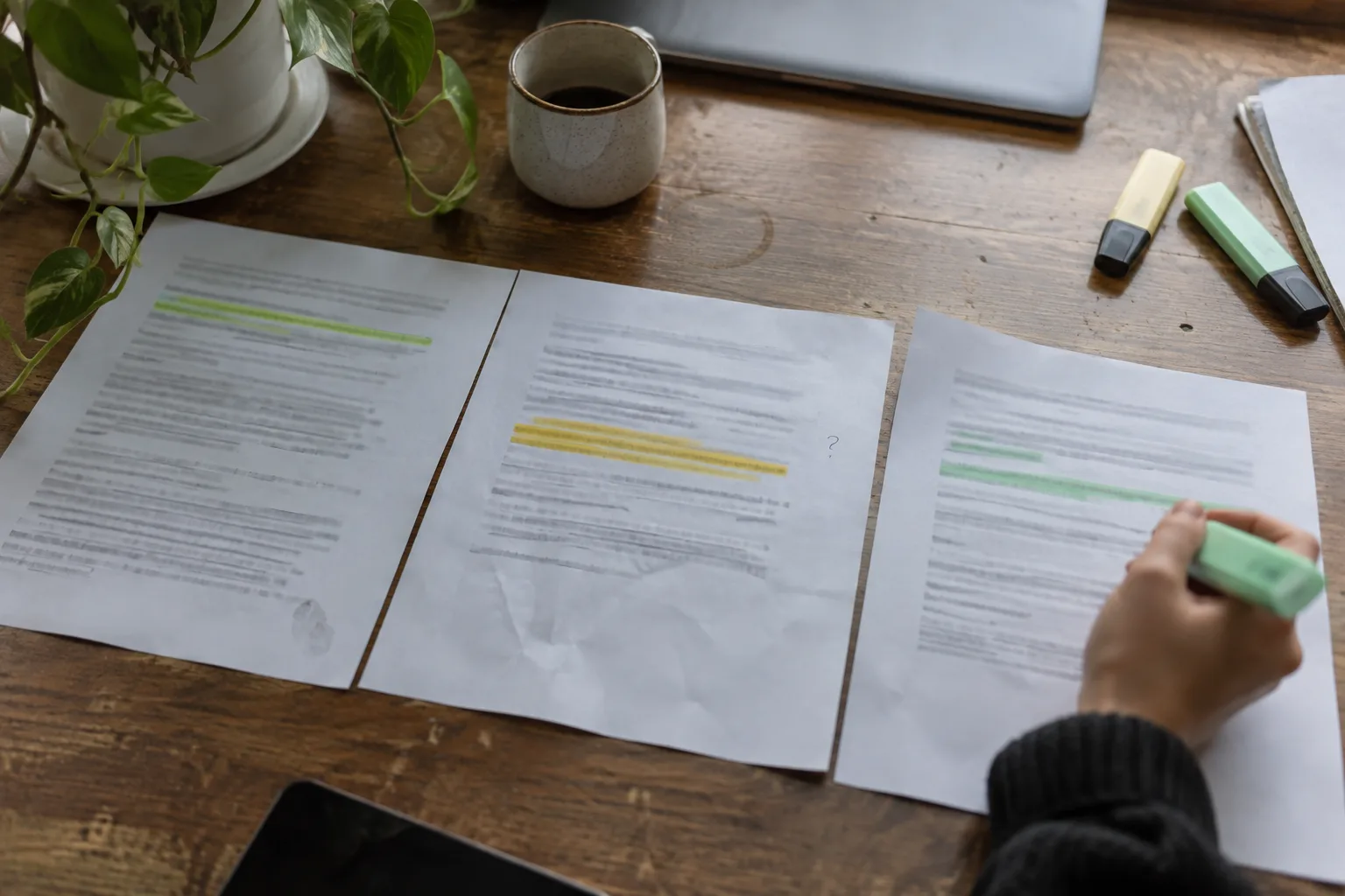 Hand marking the same passage in three printed AI answers with highlighters