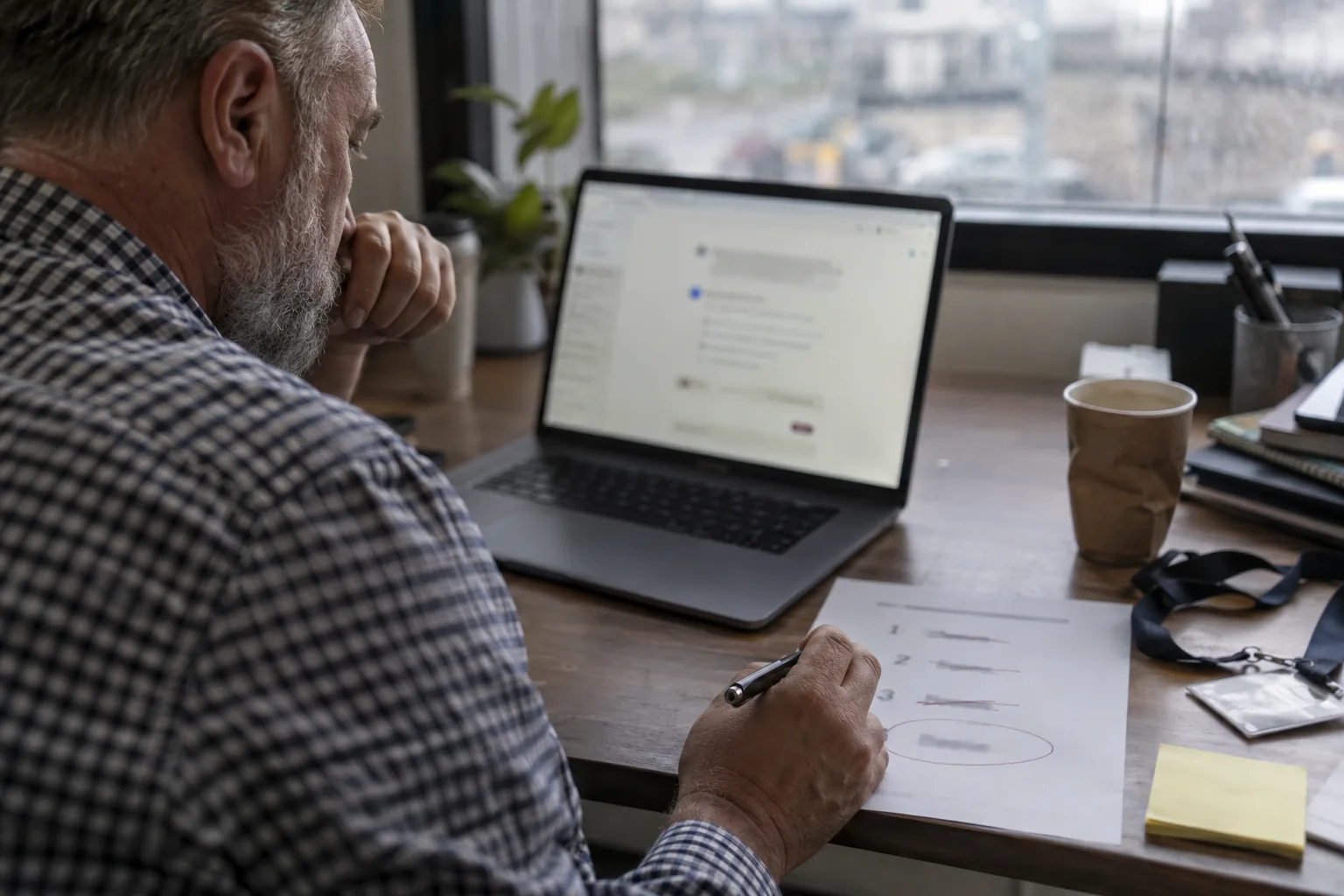 Buyer at a laptop circling one name on a shortlist he took from an AI answer