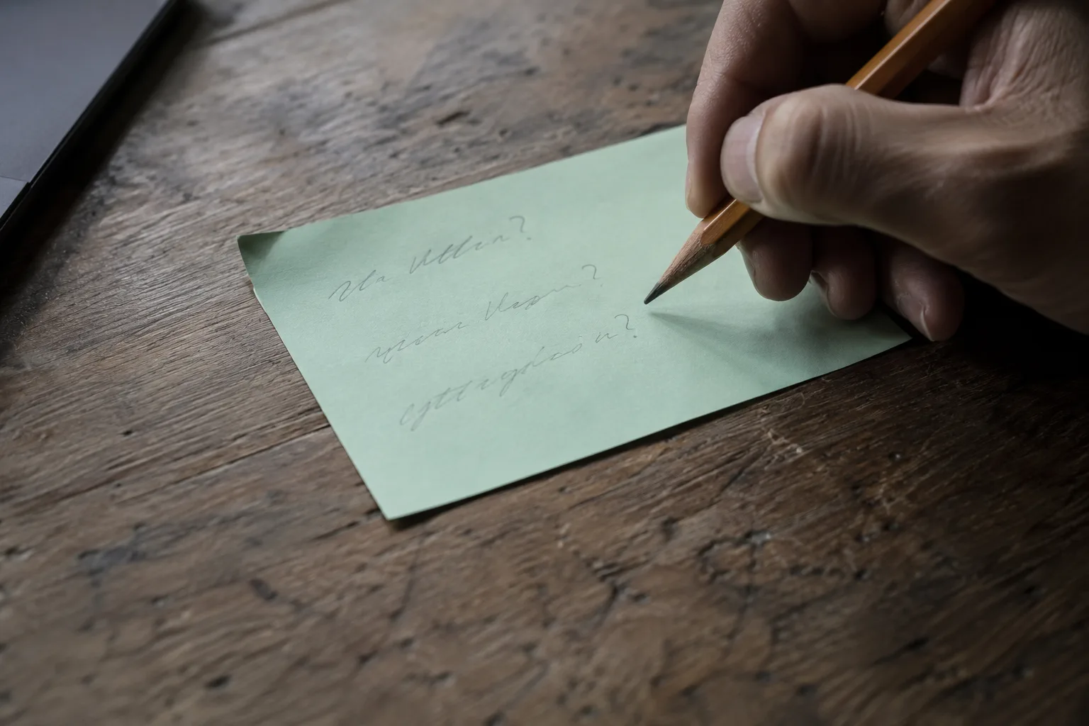 Hand writing three buyer questions in pencil on a mint card