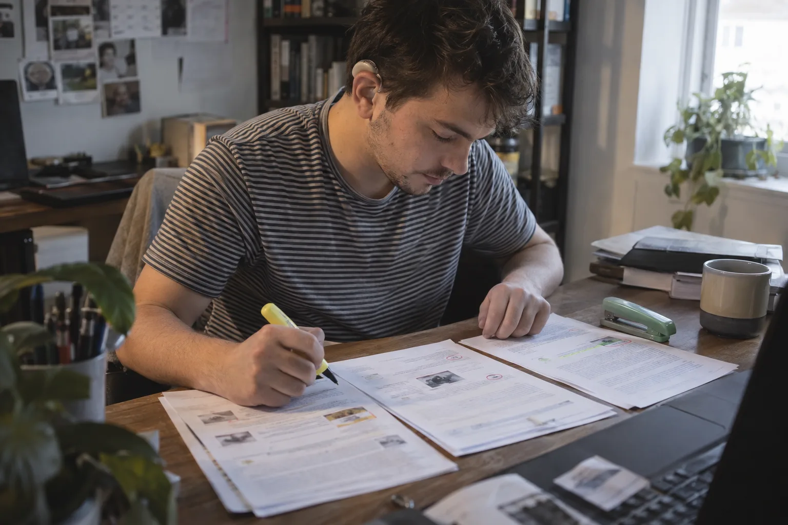 Analyst marking printed AI answers with a highlighter, the report put together by hand