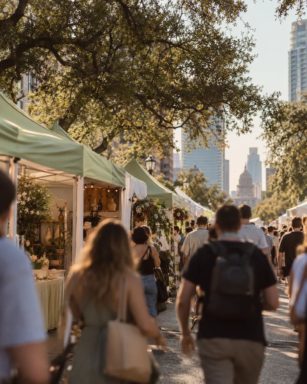 Downtown street with pop-up festival tents during the March conference week