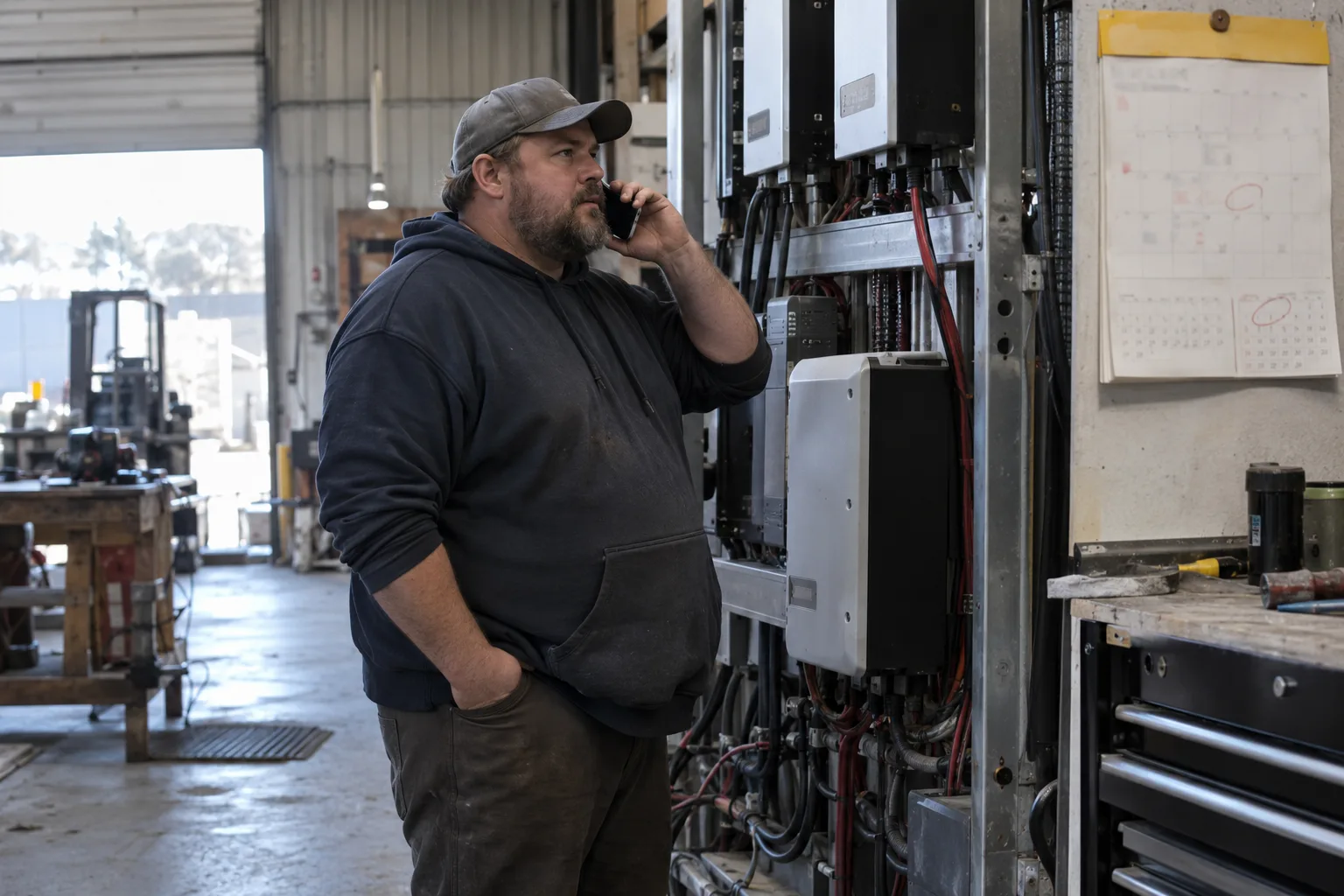 Austin hardware founder on a phone call in his workshop, a February calendar on the wall