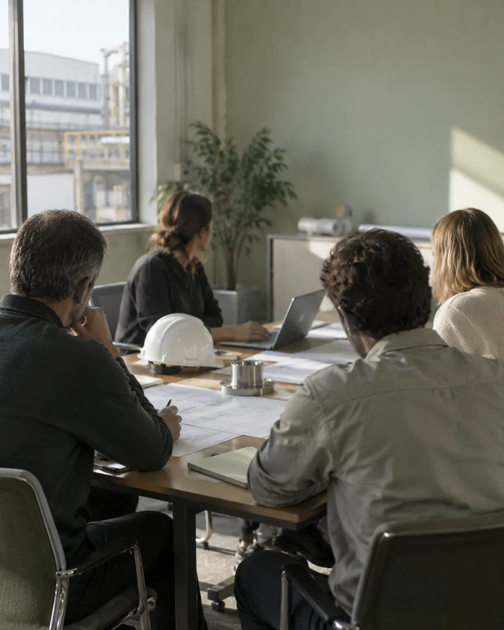 Buying committee around a table with spec sheets and a sample part