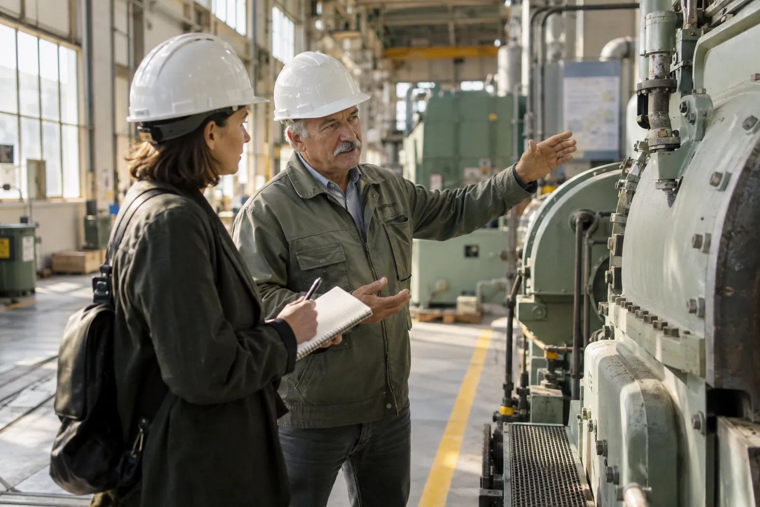 An engineer showing a writer a machine on a factory floor