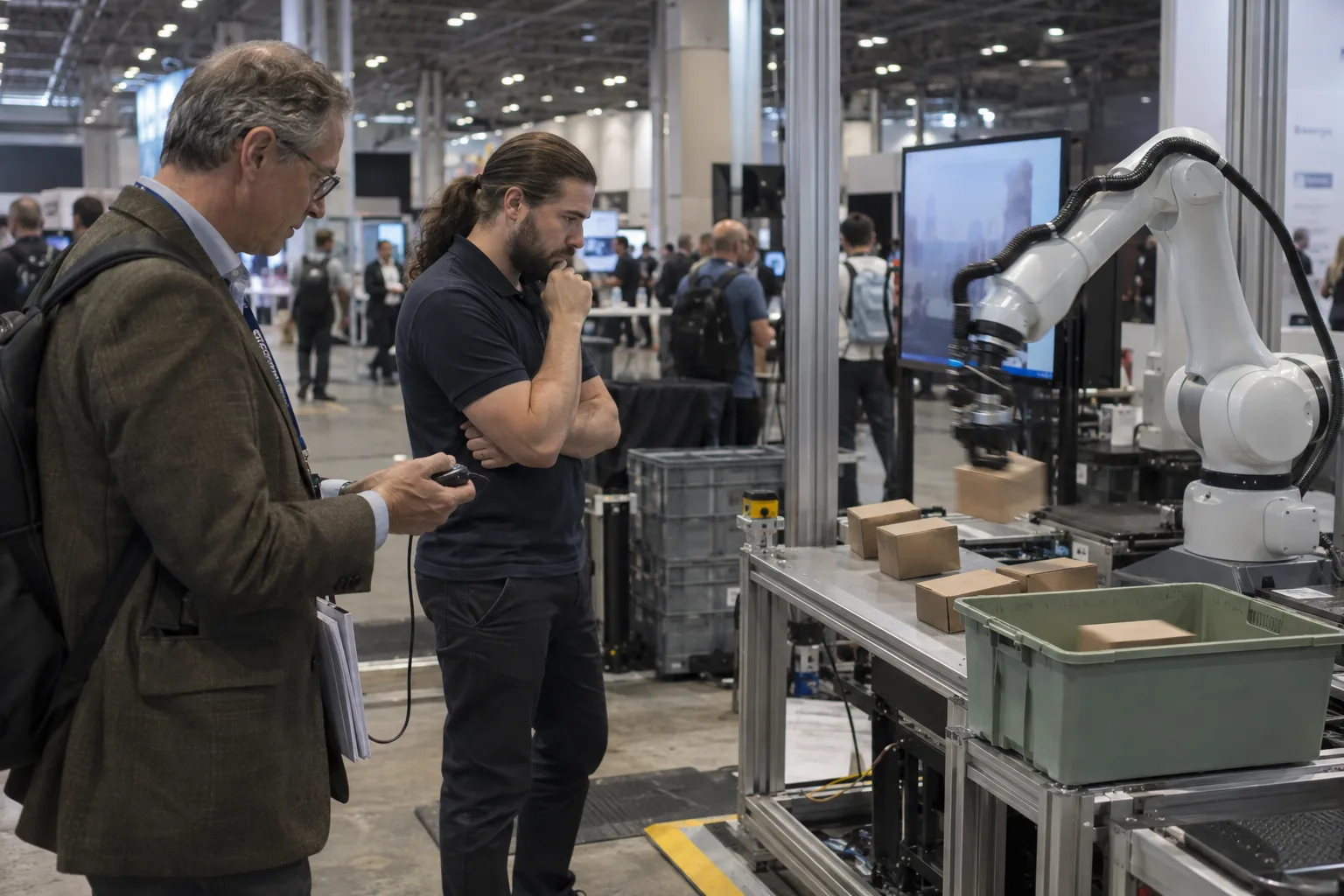Reporter watching a robot arm demo at a Boston robotics summit while the founder explains