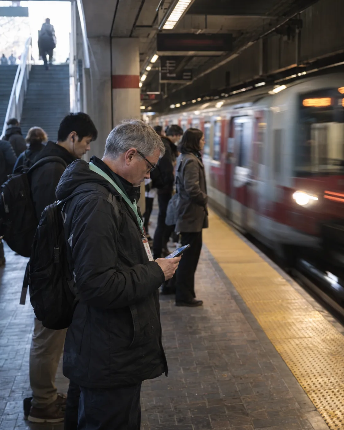 Commuters reading on their phones on a Red Line platform as the morning train arrives