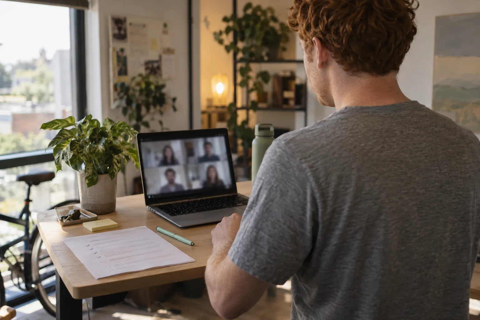 A founder interviewing a PR agency on a video call with a printed checklist