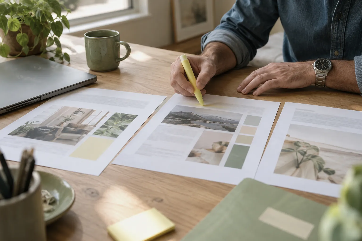 Founder comparing three printed PR agency proposals side by side