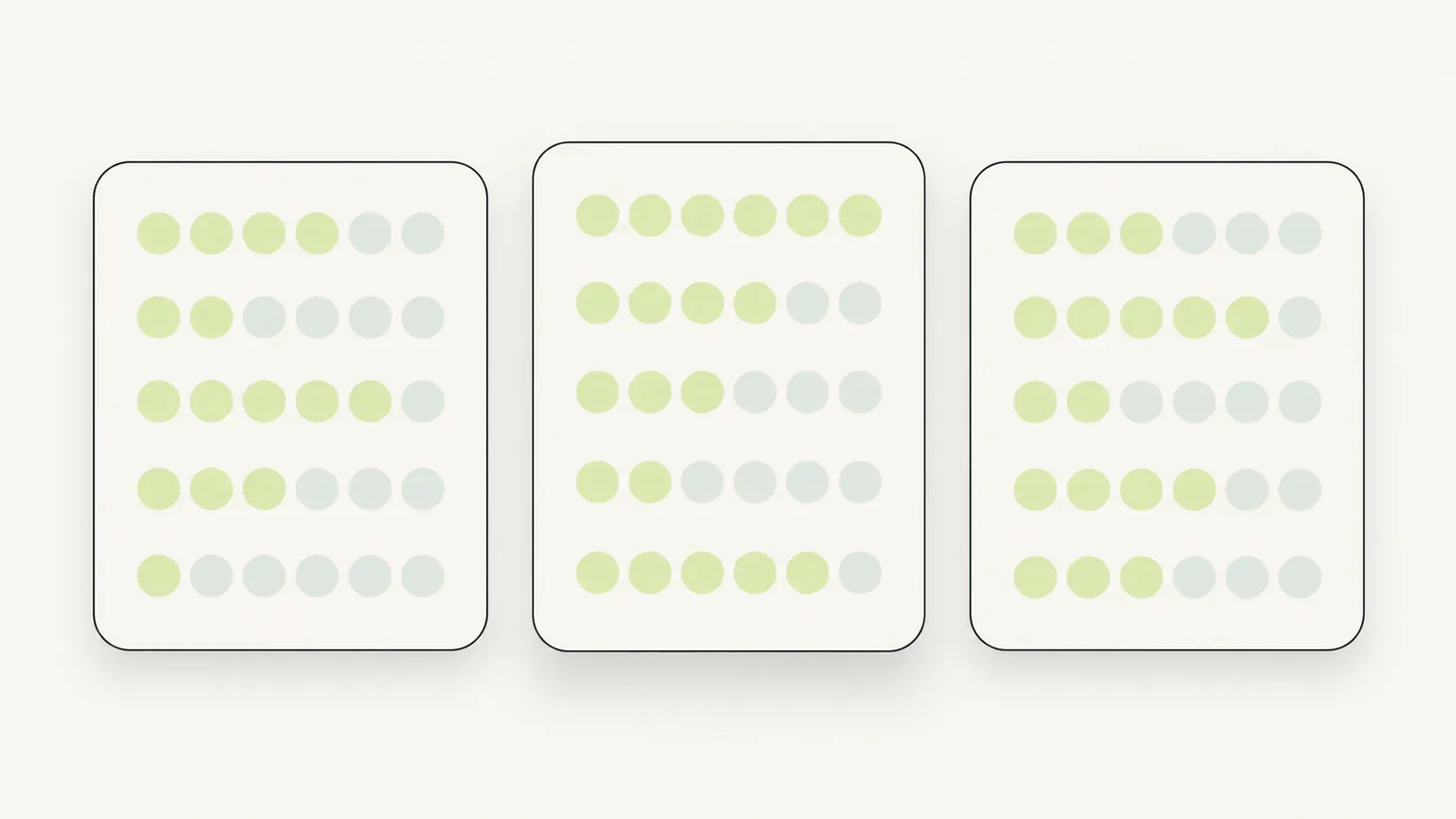 Three identical scorecards with dot rows filled to different lengths
