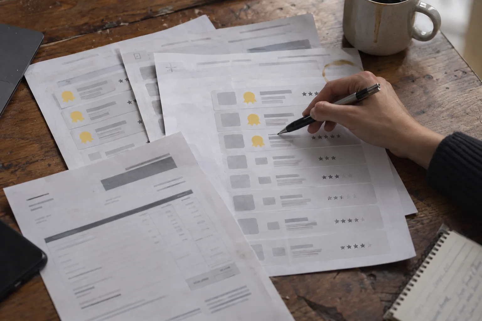 Hand checking star ratings and paid badges on printed agency ranking pages