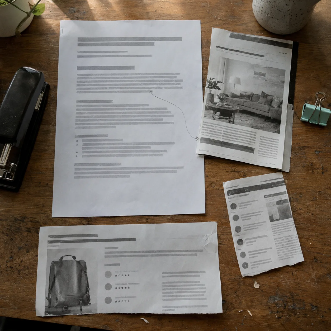 Printed AI answer linked by a pencil line to the news story and reviews it cites