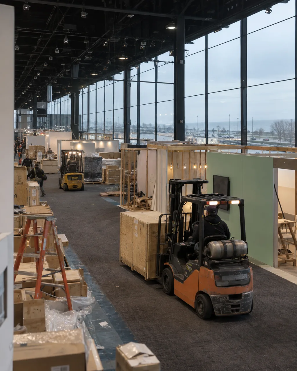 Forklifts moving crates through a Chicago convention hall during setup before a trade show