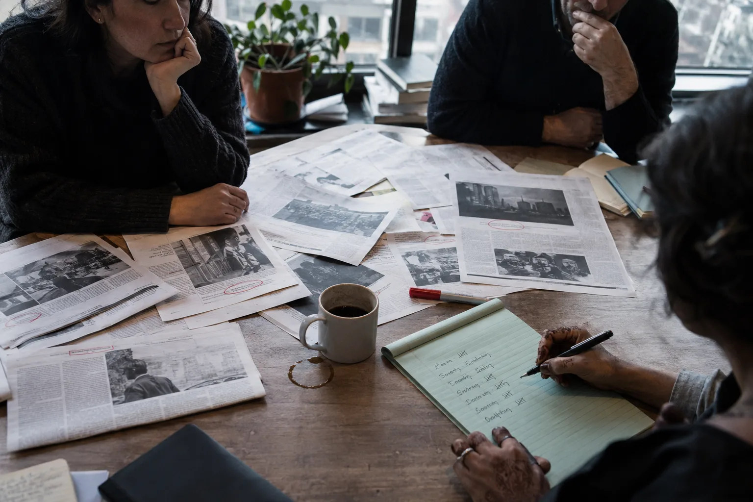 Team spreading competitor coverage on a table and writing down the reporter names