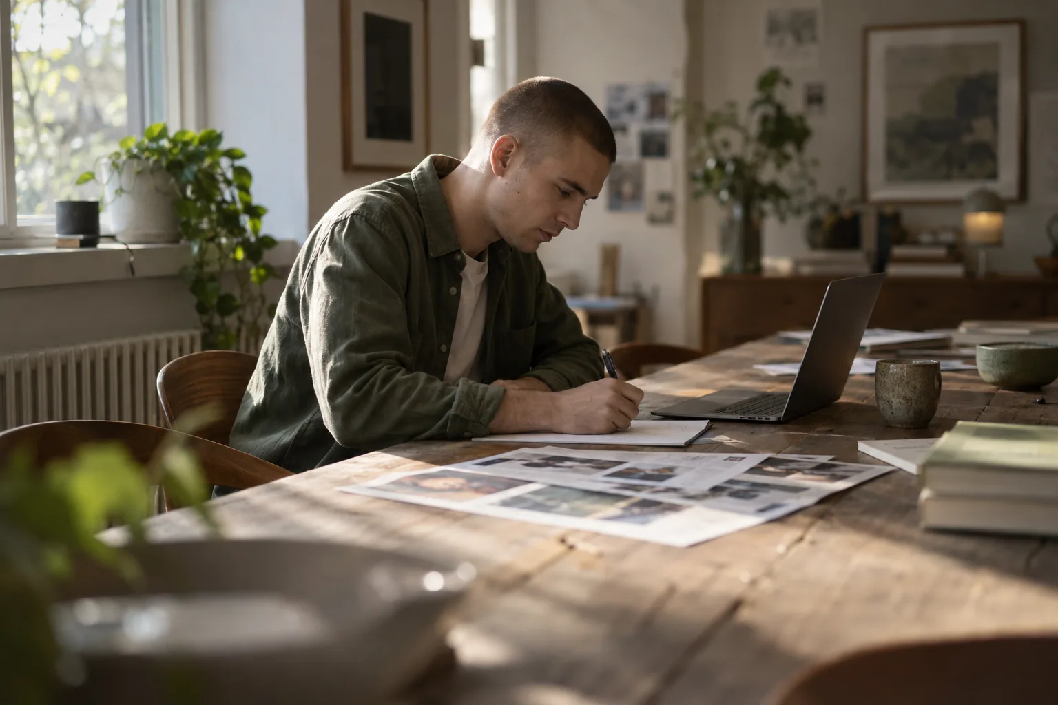 An analyst writing a weekly competitor note beside printed clippings