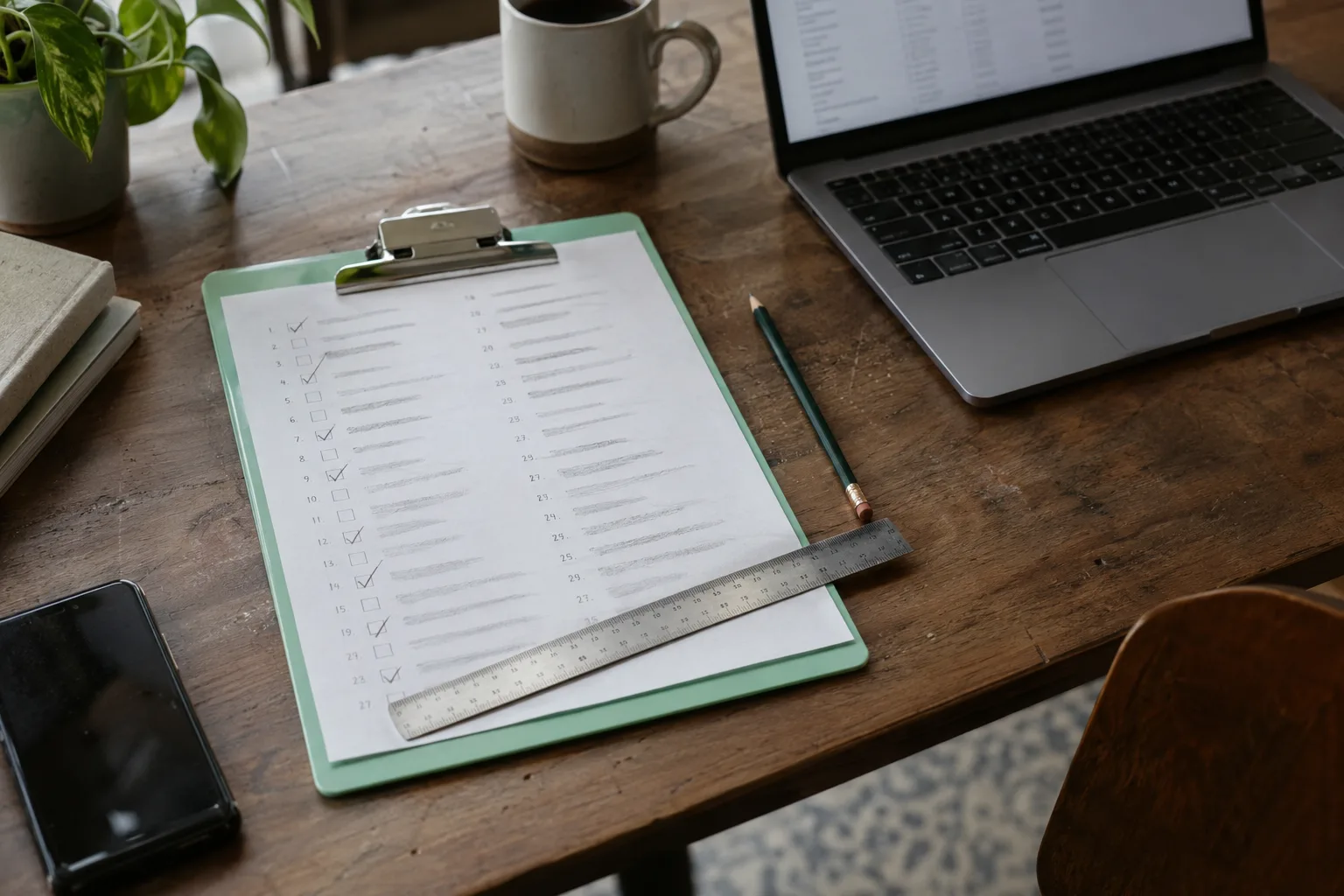 Clipboard list of competitor domains with ticks and a steel ruler next to a laptop