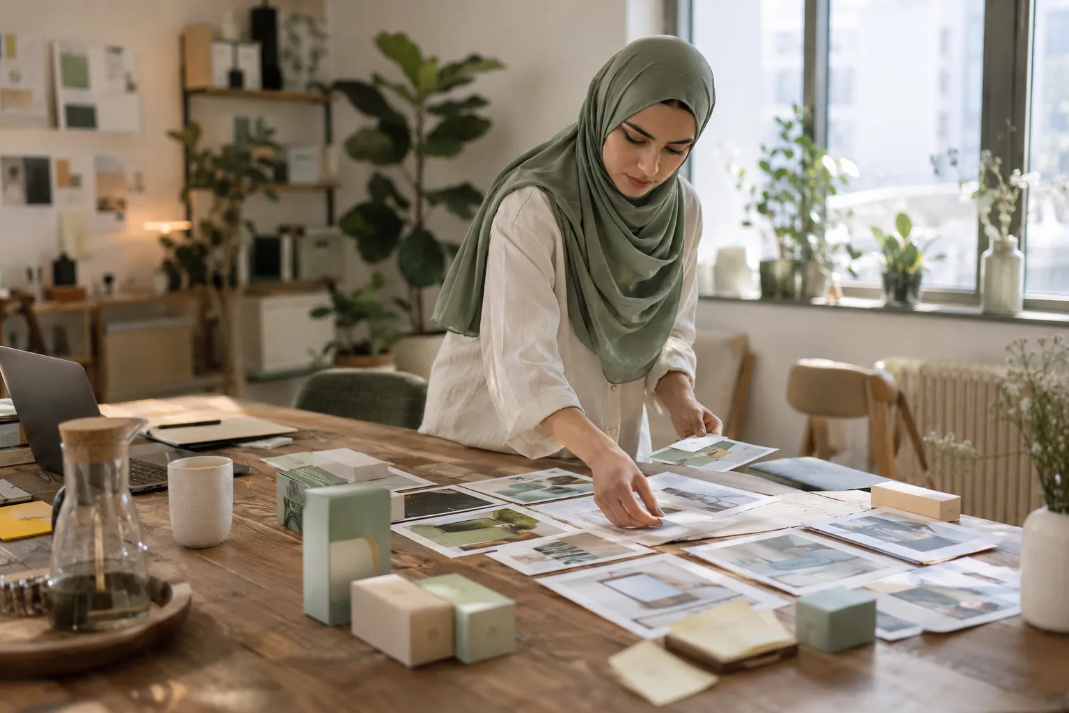 A product manager grouping printed product screenshots and boxes on a large table