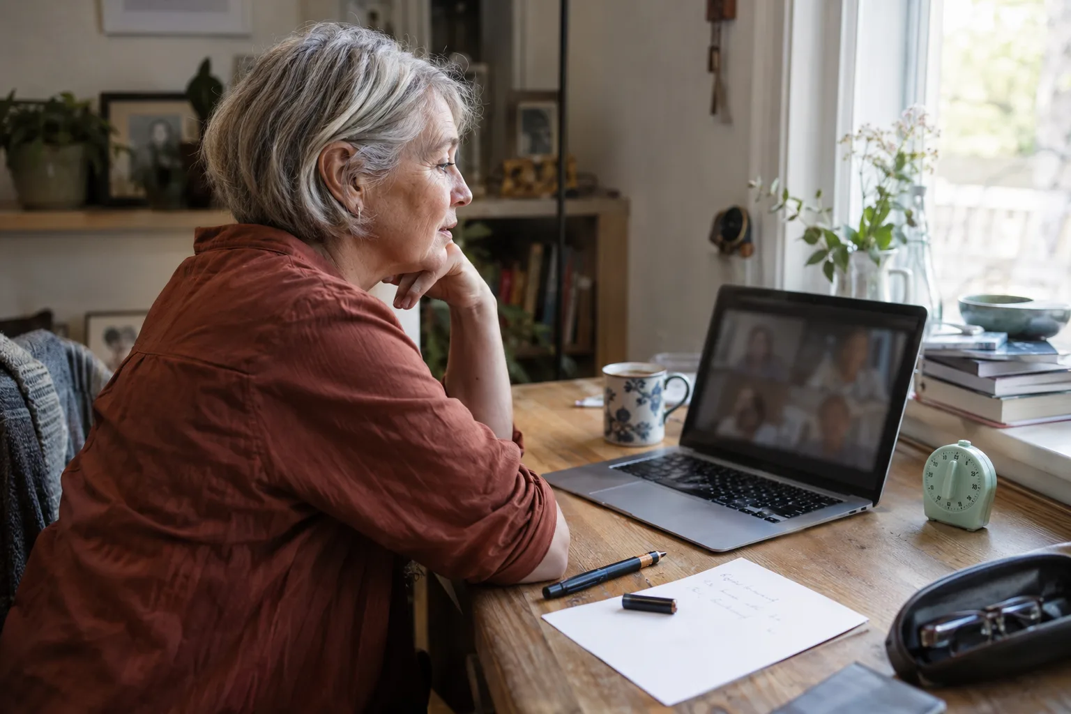 Founder on a short video call at her kitchen table, a timer and a single page of notes beside her