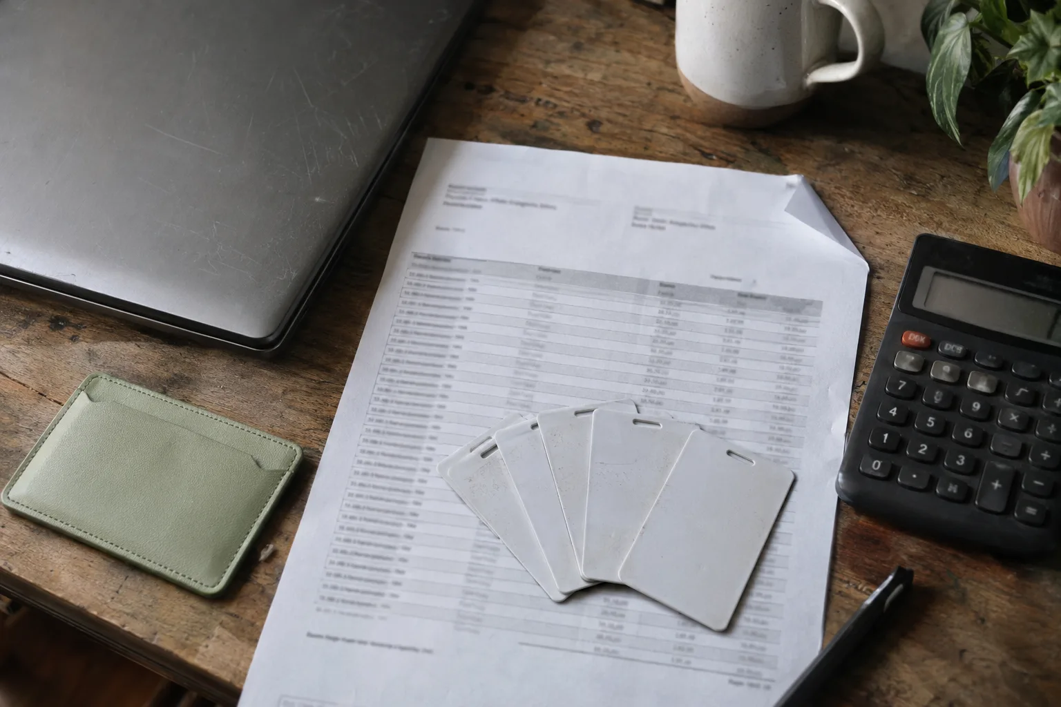Software invoice with a fan of seat cards on it, a calculator and a closed laptop beside it