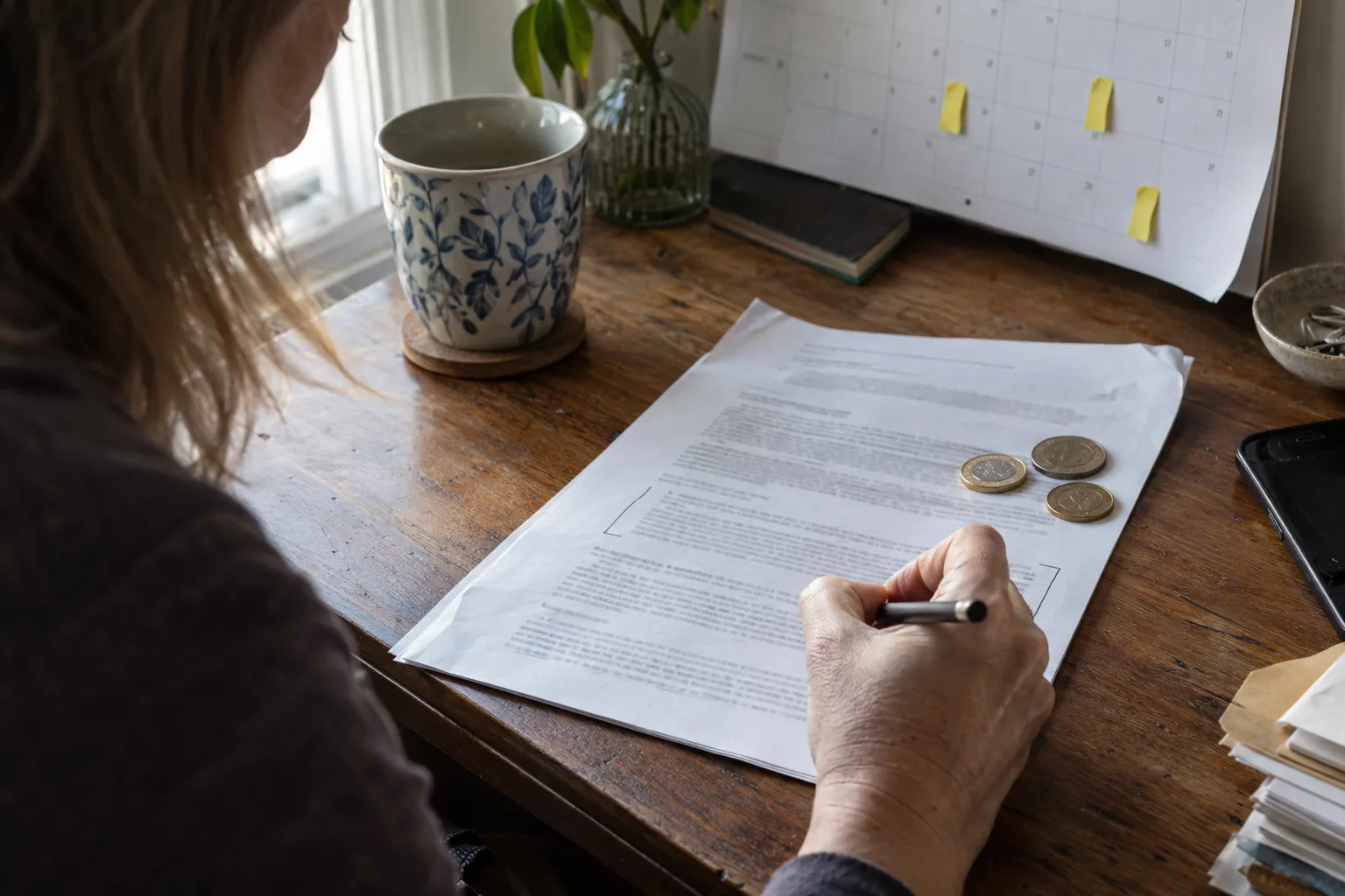 Woman reading the term clause of a twelve month agency contract with coins on the page