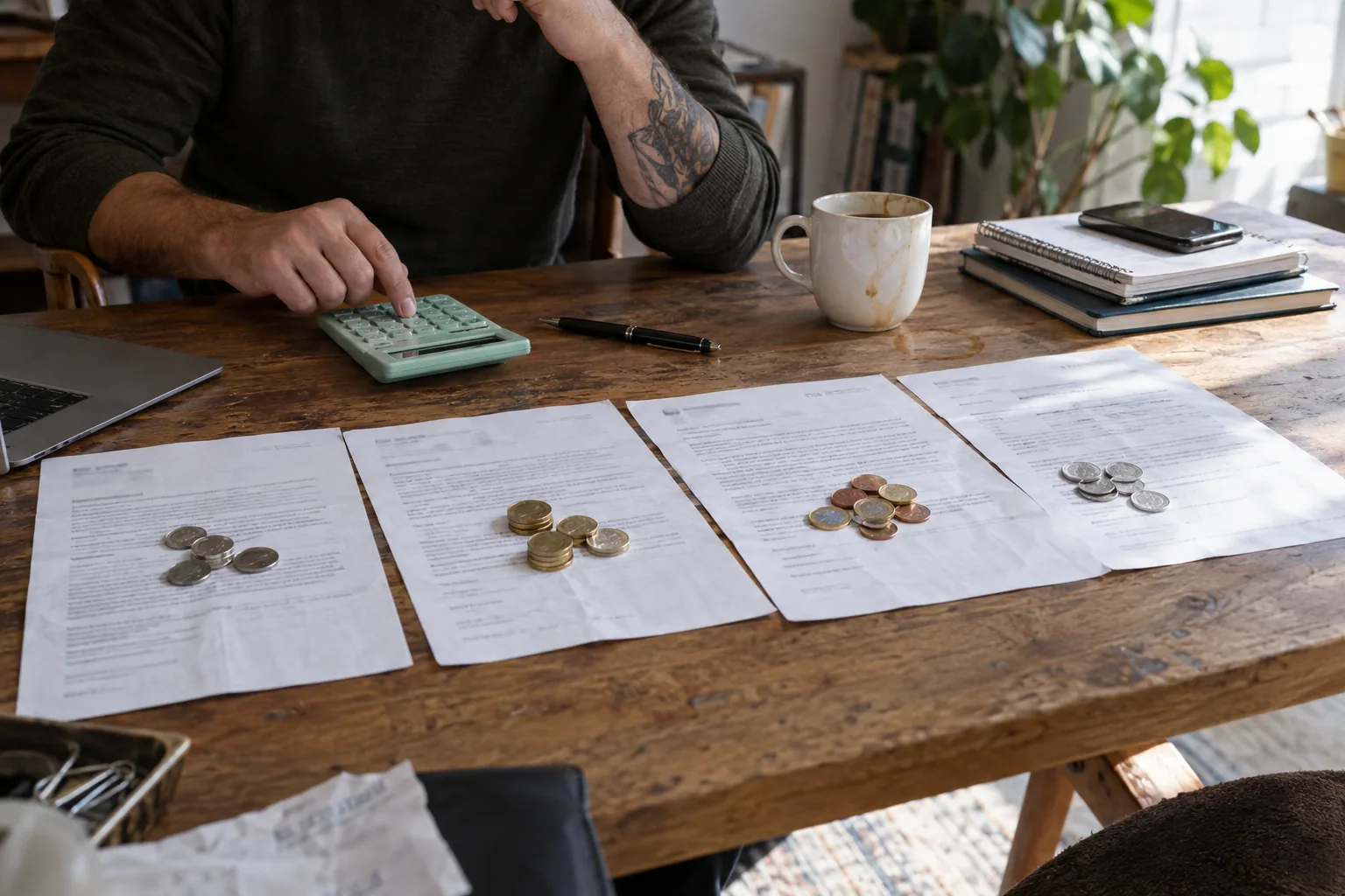 Founder adding up four printed agency quotes, each with coins in a different currency