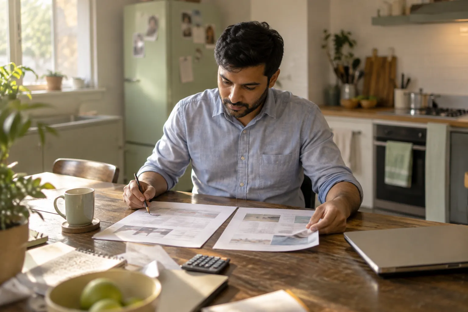 A finance lead comparing two printed agency proposals at a kitchen table
