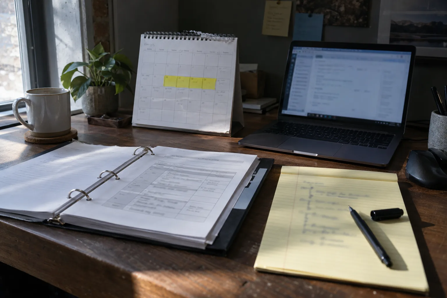 Desk calendar with four working days marked, a crisis plan binder and a legal pad timeline