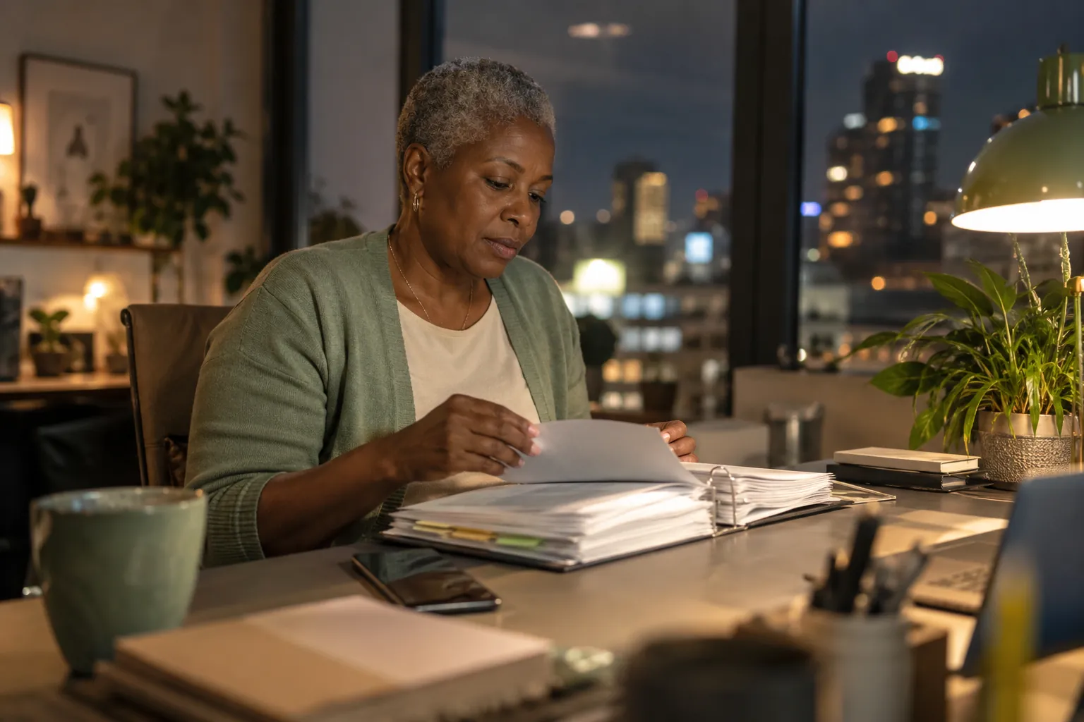 A communications lead leafing through a tabbed crisis binder at her desk in the evening