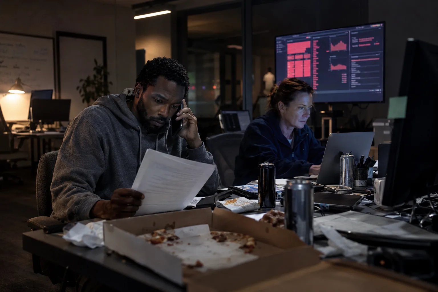 Two people working an outage at night, one on the phone with a statement, alerts on the wall screen
