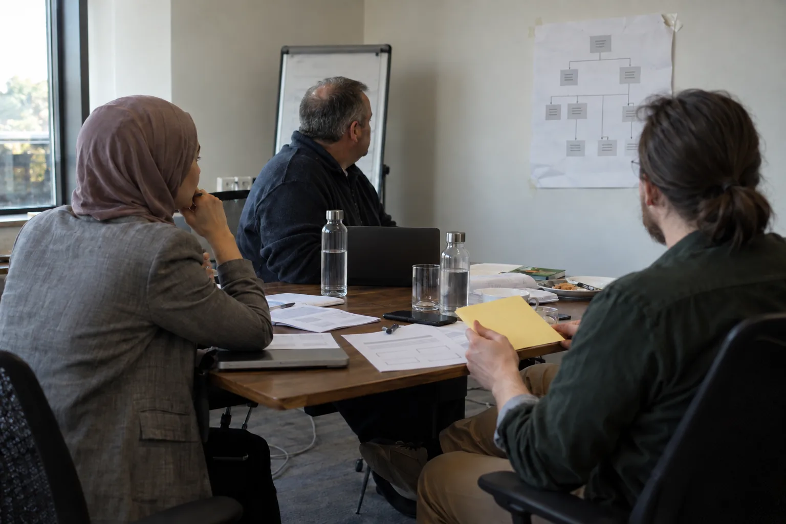 Three people running a crisis drill at a meeting table, a chart of who signs what on the wall