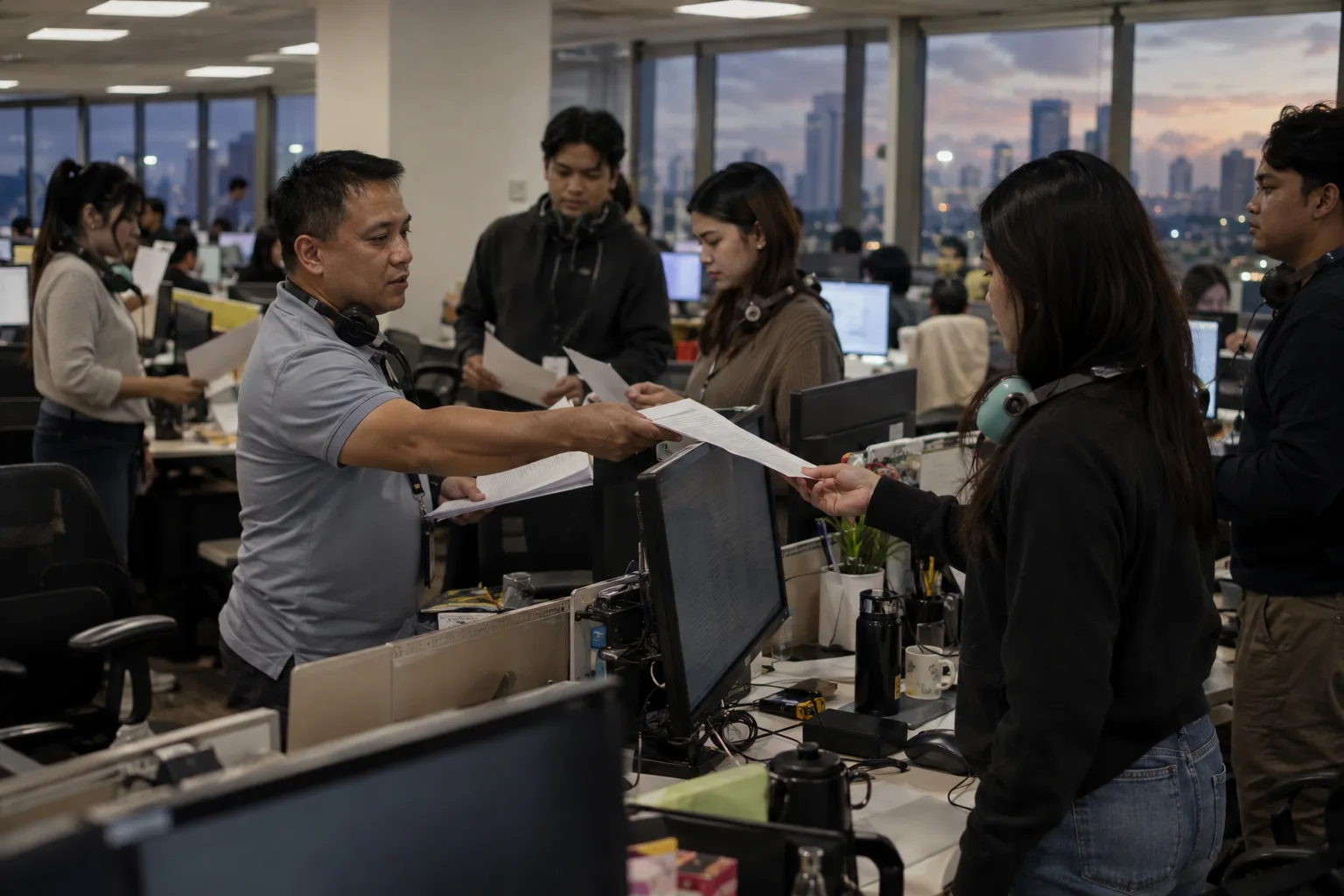 Team lead handing a printed script to support agents with headsets in the evening