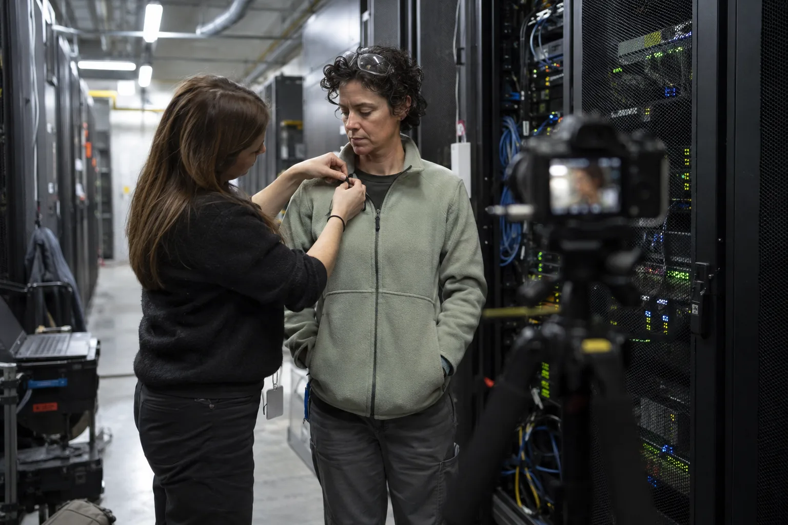 PR adviser clipping a lapel mic on the technical lead before a statement in the server room
